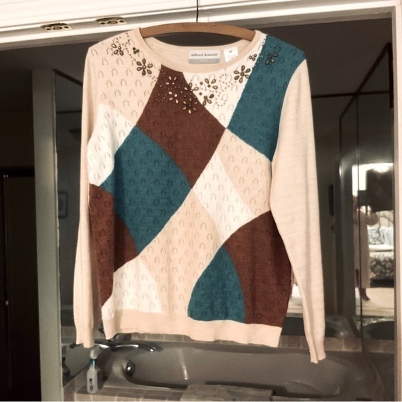 Alfred Dunner Sweaters - Alfred Dunner Color block LS Sweater Lightweight MP beiges choc brown dk teal